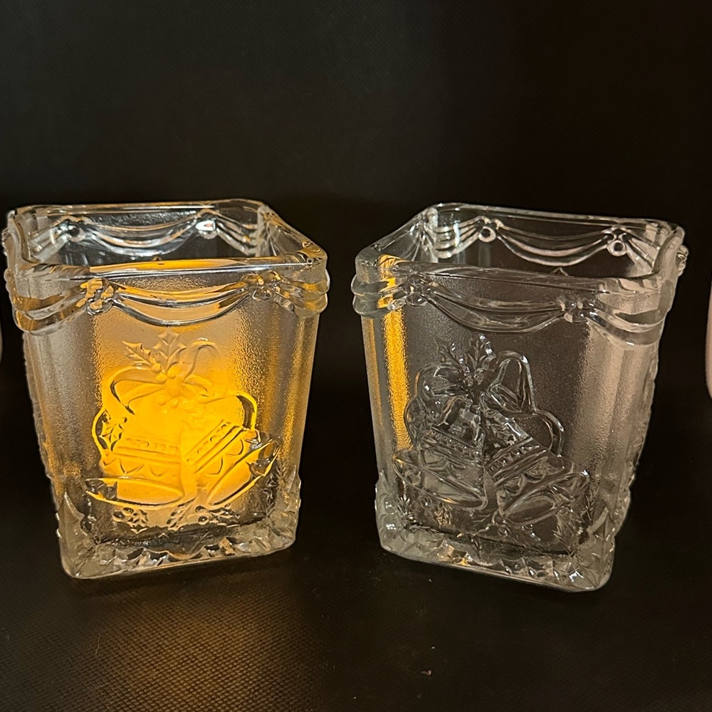 Festive Glass Candle Holders Holiday Bells in Boxes Set of 2